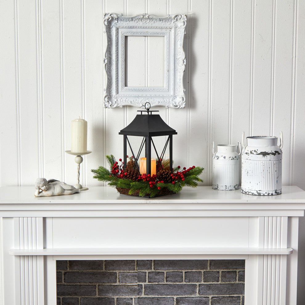 16" Holiday Xmas Berry, Pinecone & Greenery W/ Lantern & LED Candle Arrangement