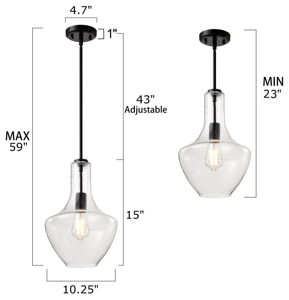 1-Light Farmhouse Matte Black Pendant Light With Clear Glass Shade