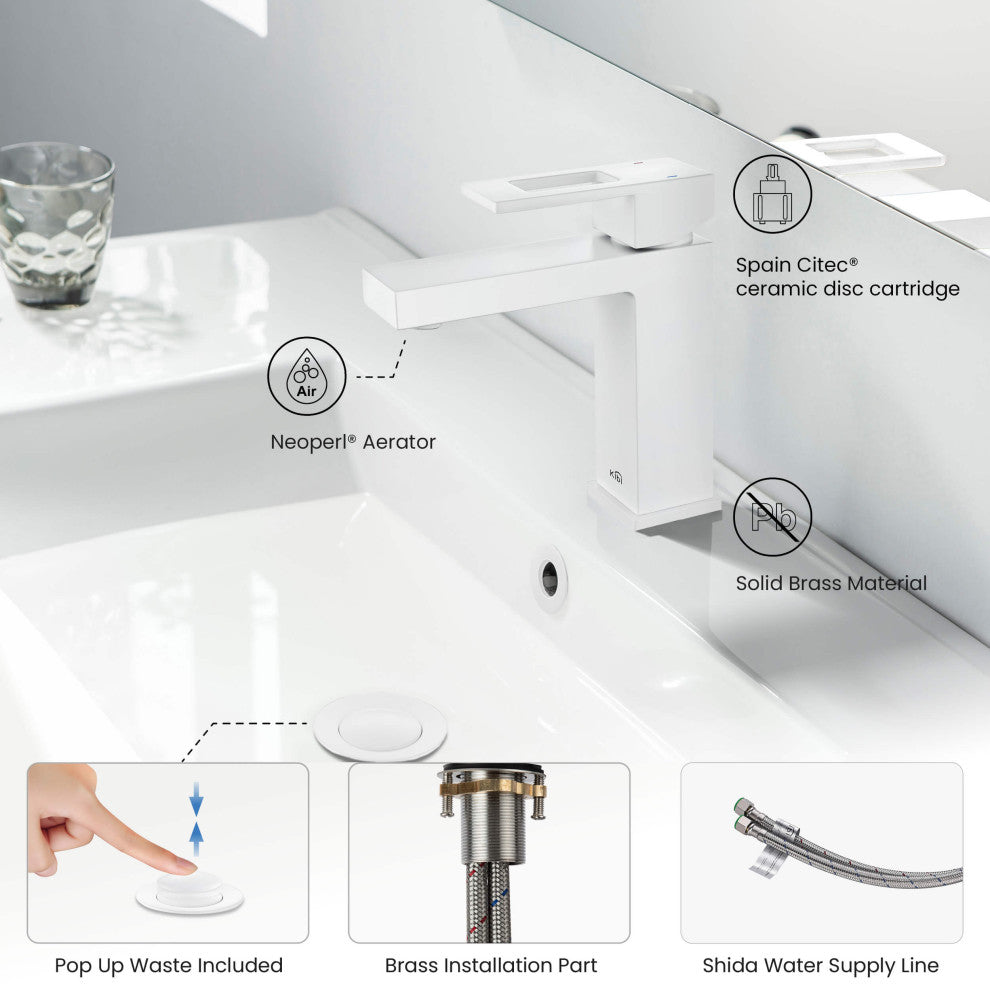 Cubic Single Hole Bathroom Faucet KBF1002, Matte White,, Drain