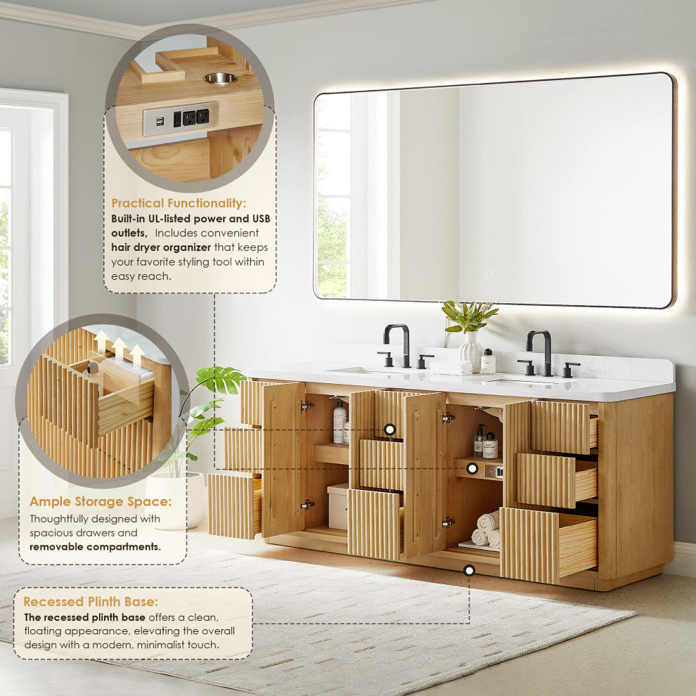 Clayton Bathroom Vanity, Washed Light Brown, 84", No Mirror