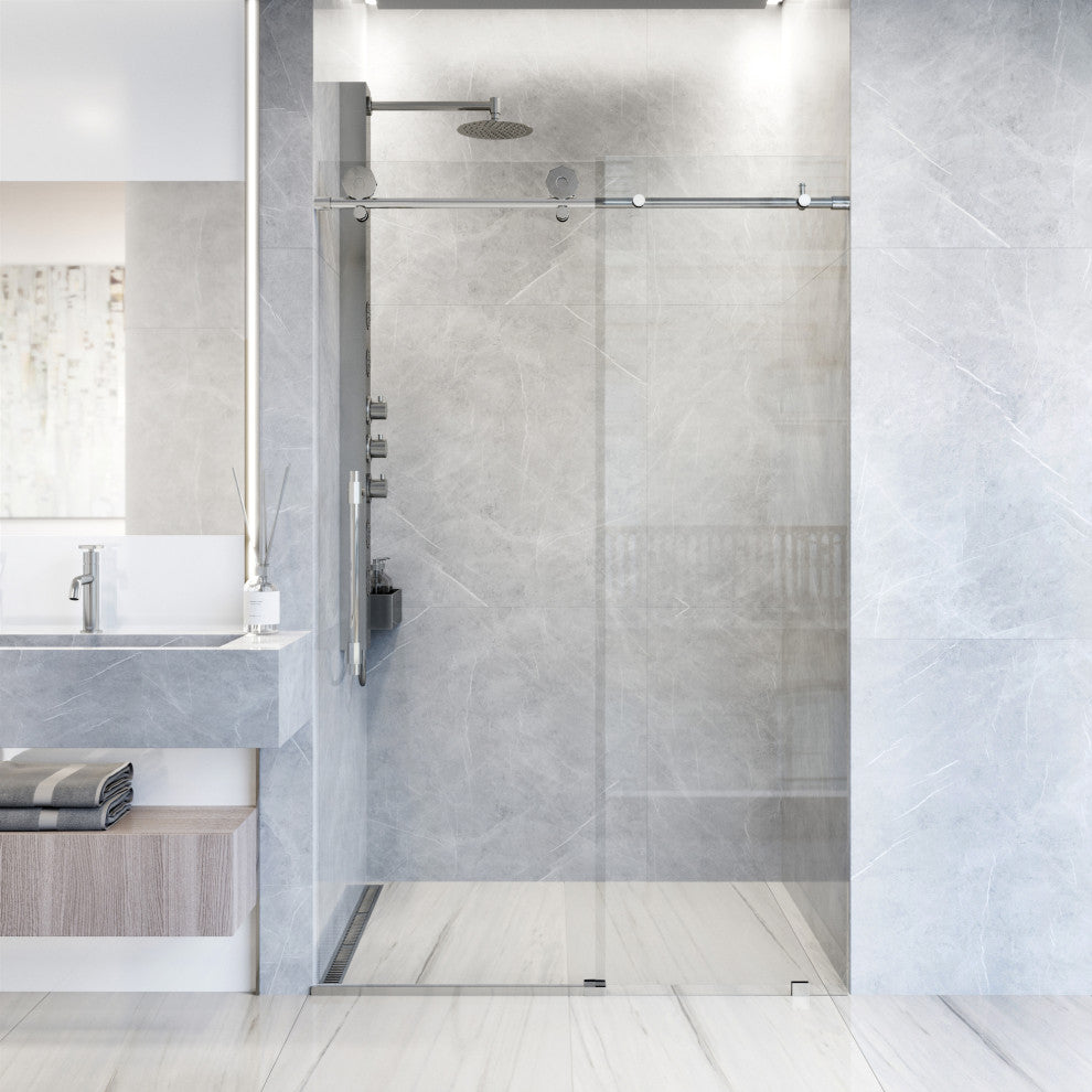 VIGO Elan Hart 56" to 60" W x 76" H Frameless Sliding Shower Door, Chrome, Clear Glass