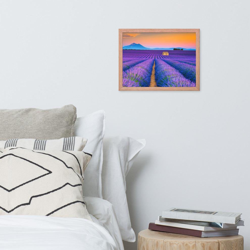 Blooming Lavender Field and Sunset Floral Landscape Framed Photo Wall Art Prints, Red Oak, 12" X 16"