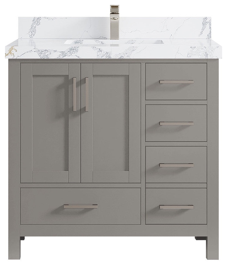 Malibu 36 Center Sink Bath Vanity in Elephant Skin Gray 2" Calacatta Poanazzo