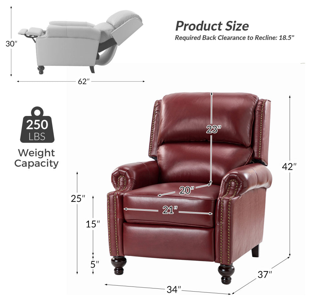 Genuine Leather Cigar Recliner, Home Theater Seating, Set of 2, Burgundy