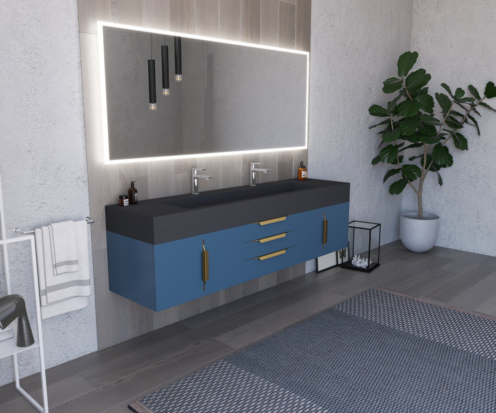 CastelloUSA Nile 72" Wall Mounted Bathroom Vanity Set, Blue, Black Top, Gold Handles