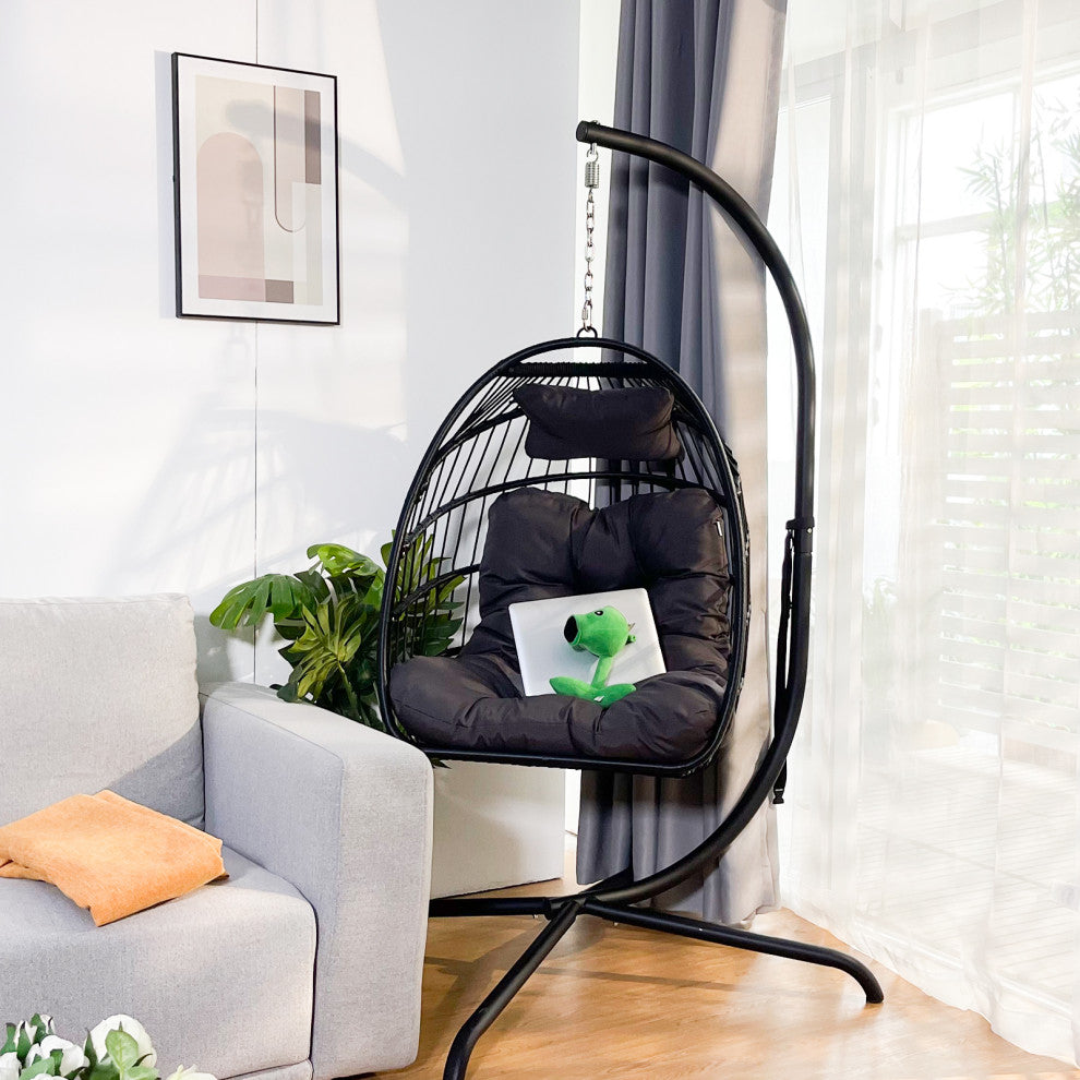 Outdoor Rattan Swing Chair Hanging Egg Chair With Cushion and Pillow, Dark Gray