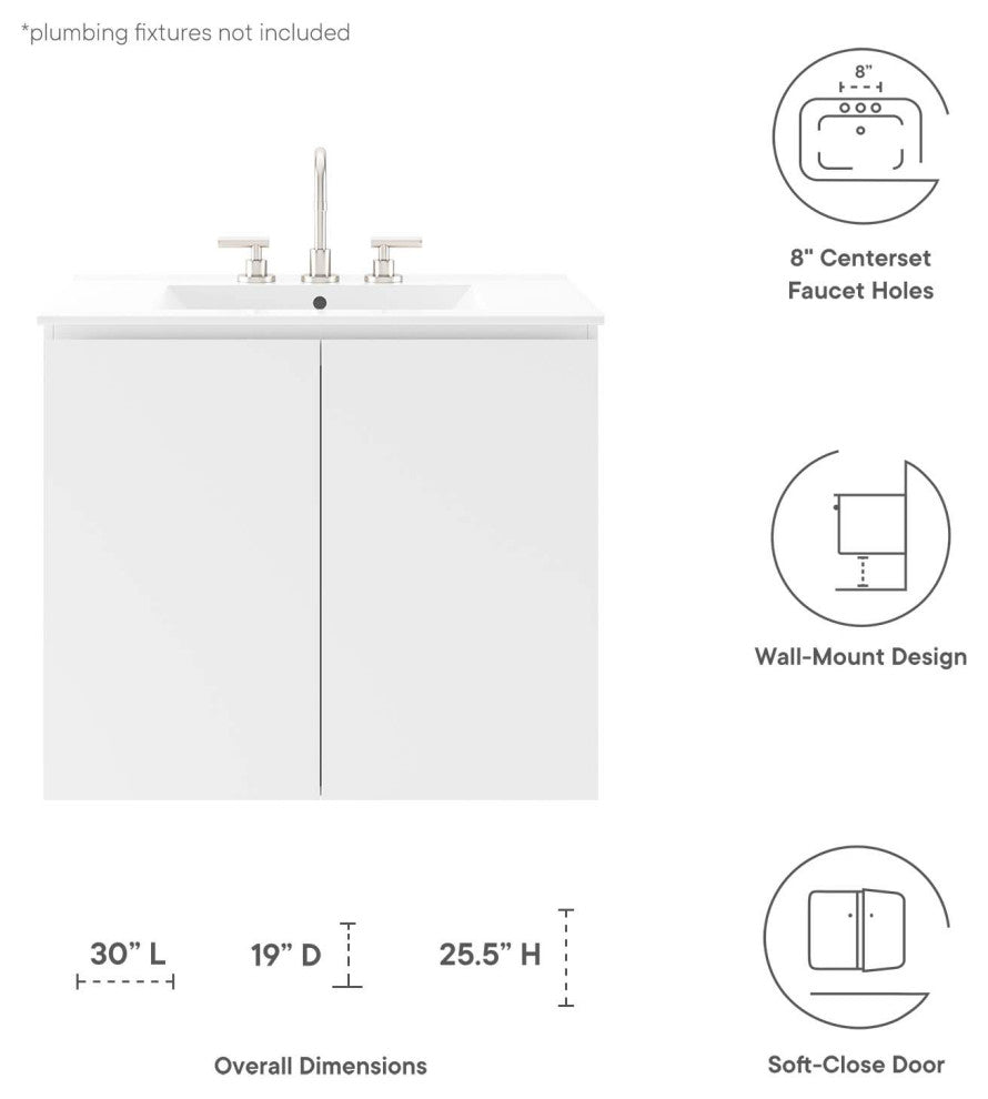 Sink Vanity Cabinet, Wall Mount, White, Ceramic, Modern, Hotel Bathroom
