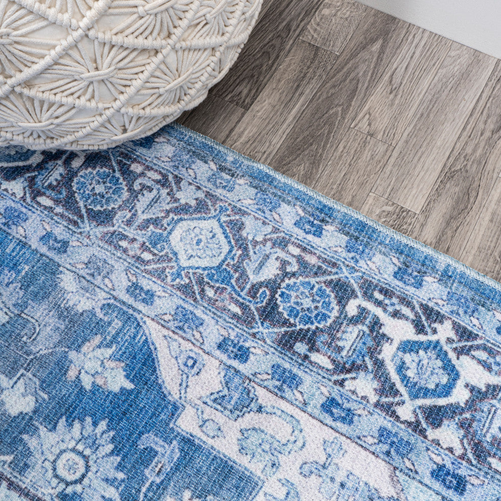 Maris Ornate Medallion Machine Washable Indoor Area Rug, Blue/Navy, 2 X 8