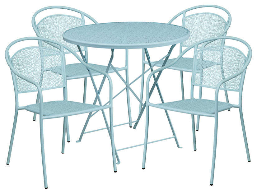 30'' Round Indoor-Outdoor Steel Patio Table and 4 Round Back Chairs, Blue