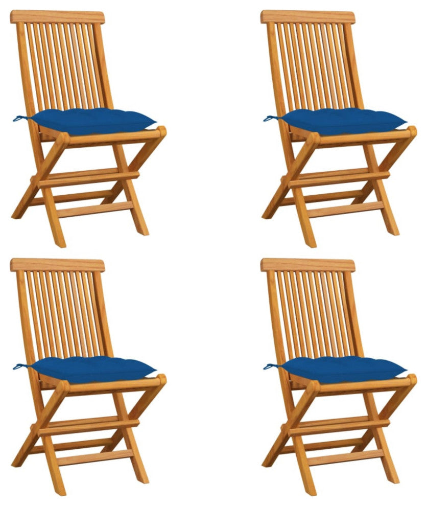 Vidaxl Garden Chairs With Blue Cushions, Set of 4, Solid Teak Wood