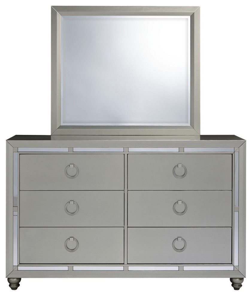 HomeRoots Silver Champagne Tone Dresser With Mirror Trim Accent 6 Drawers