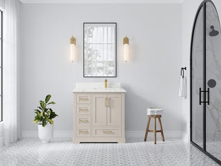 Boston 36" Right Offset Bath Vanity in Fine Grain 1.5" Calacatta Laza