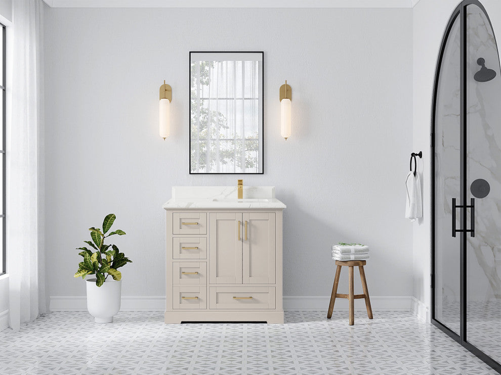 Boston 36" Right Offset Bath Vanity in Fine Grain 1.5" Calacatta Laza