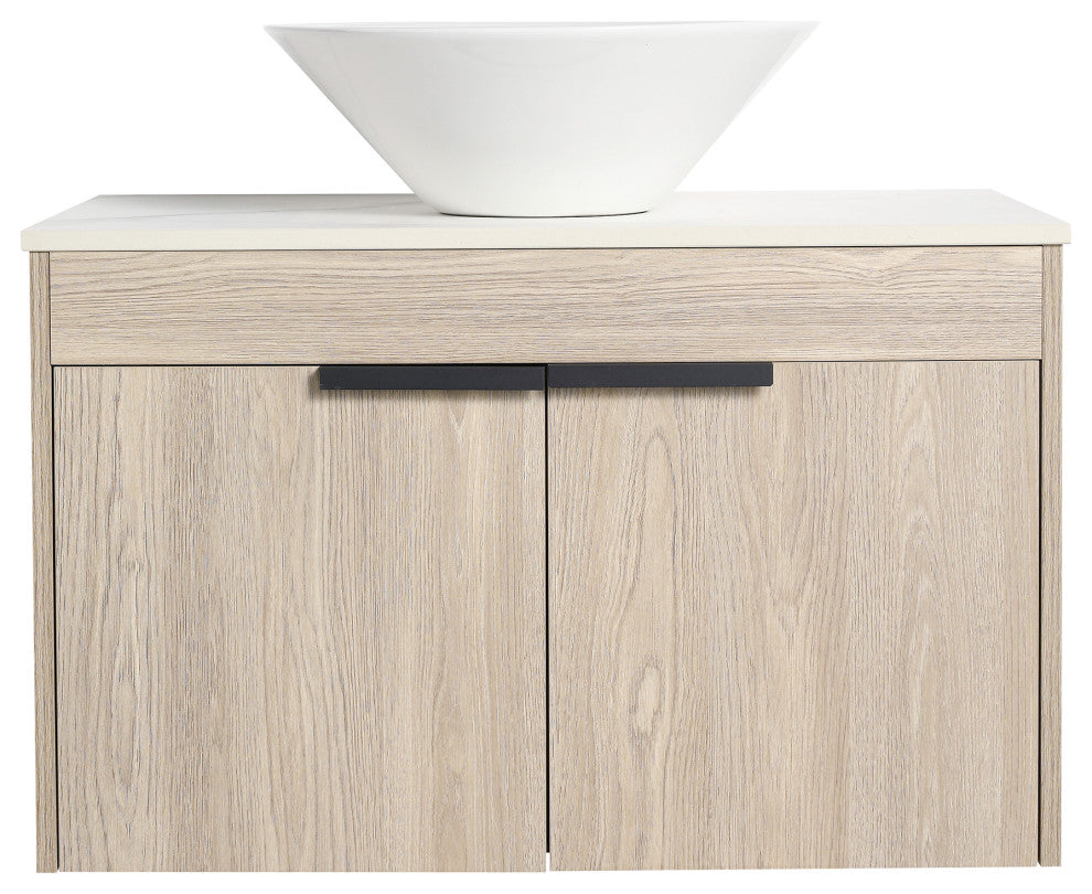Wall-Mounted Bath Vanity, White Oak, White Ceramic Vessel Sink