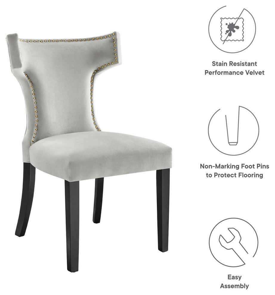Curve Performance Velvet Dining Chairs, Set of 2, Light Gray