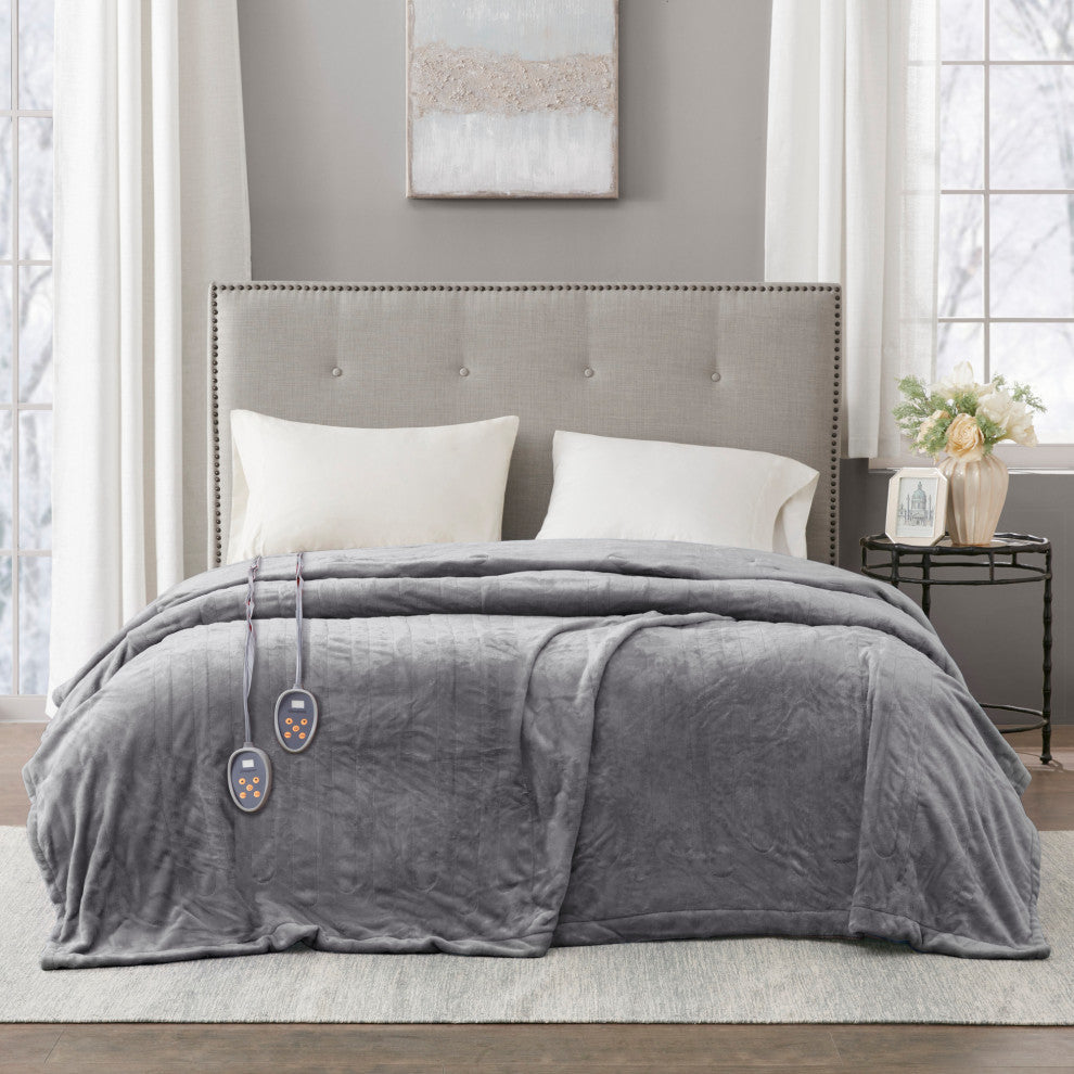 Beautyrest Solid Microlight to Solid Microlight Heated Blanket, Gray, Twin