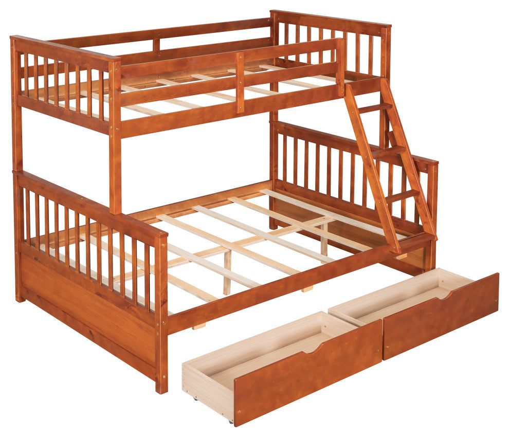 TATEUS Twin Over Full Bunk Bed With Storage Drawers Wood Bunked Bed, Walnut