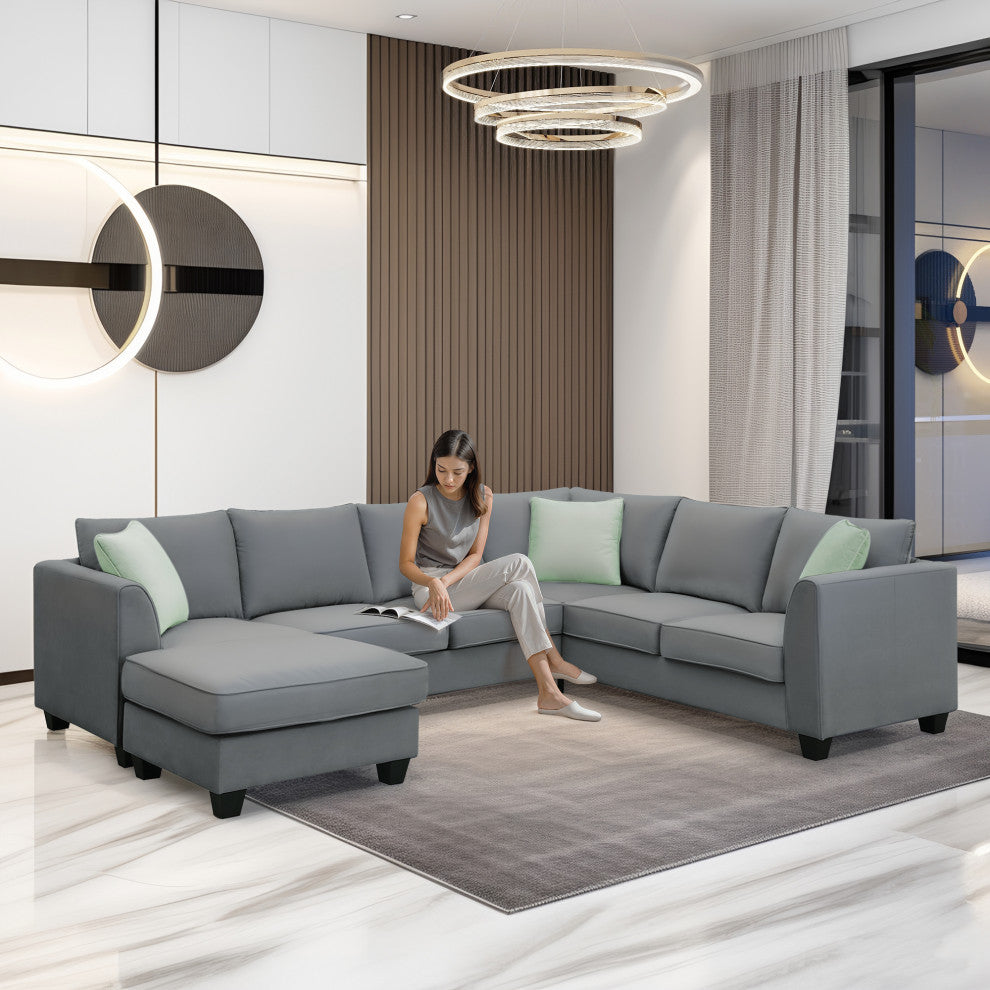 7-Seat Fabric Modular Sectional Sofa Couch Set with Ottoman and Pillows, Grey