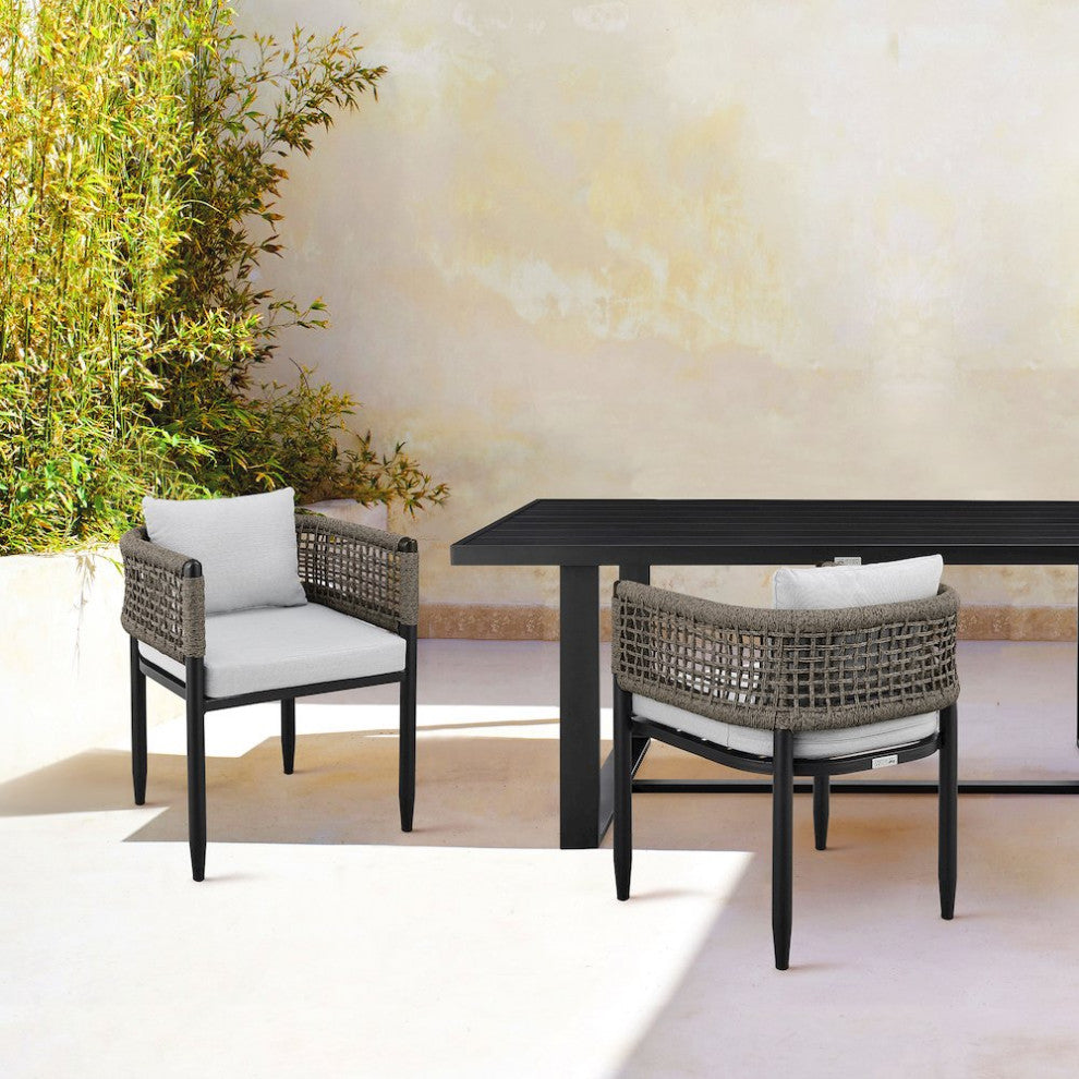 Outdoor Patio Dining Chair in Aluminum with Gray Rope and Cushions - Set of 2