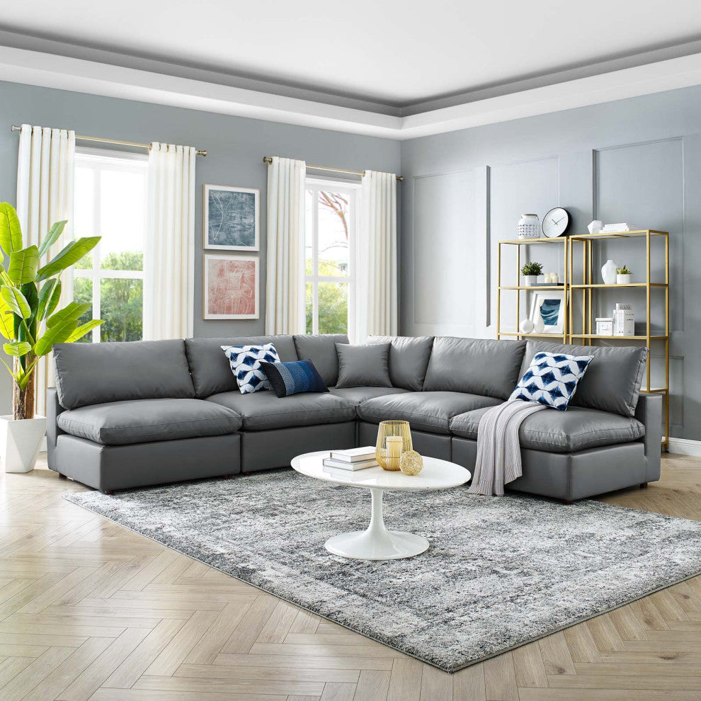 Commix Down Filled Overstuffed Vegan Leather 5-Piece Sectional Sofa - Gray