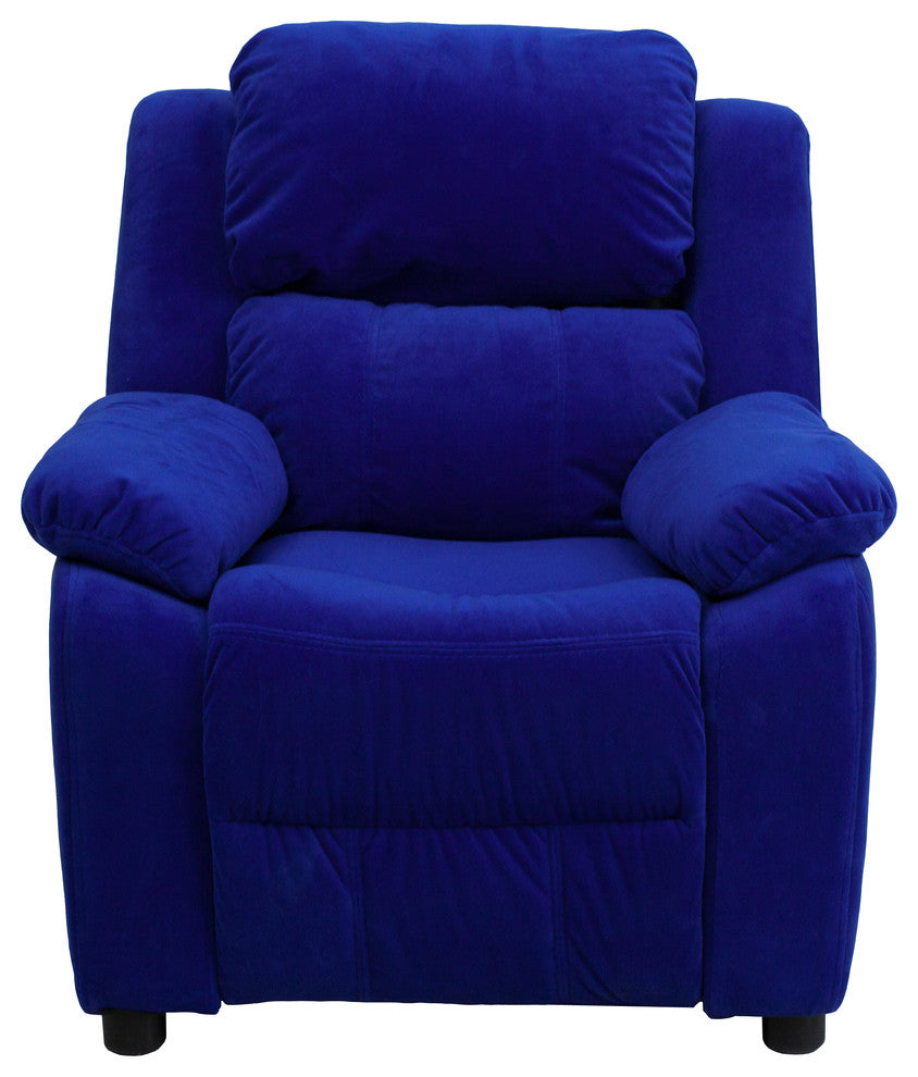 Deluxe Padded Kids Recliner With Storage Arms, Blue Microfiber