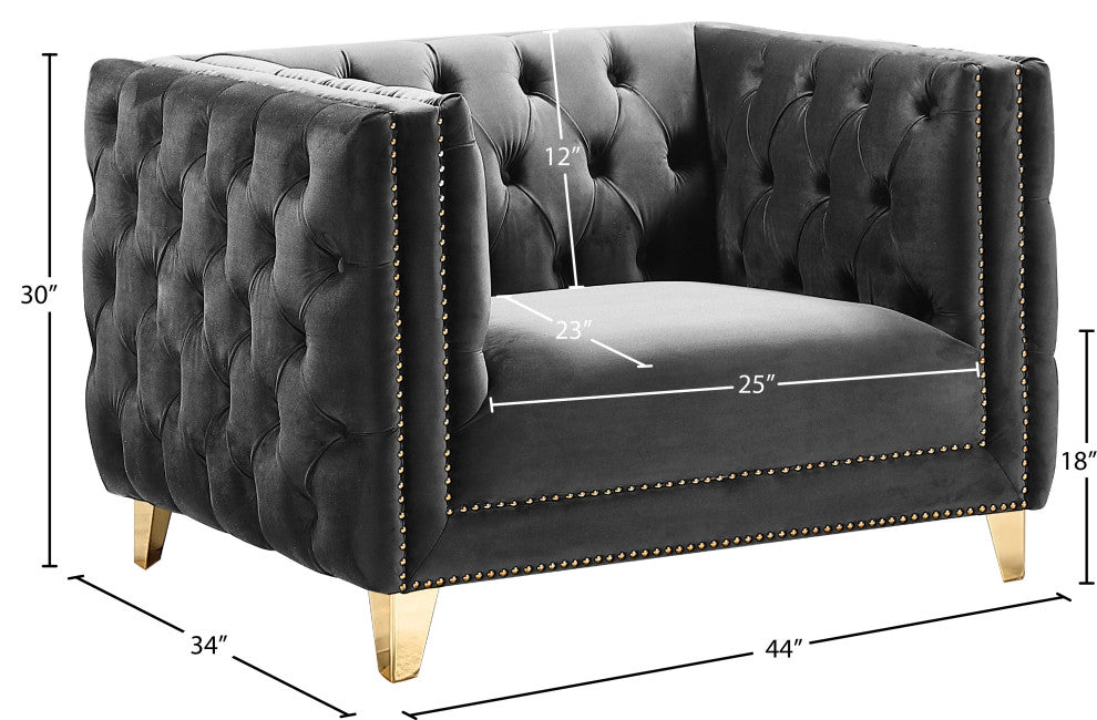 Michelle Fabric Upholstered Chair, Gold Iron Legs, Gray, Velvet, Chair