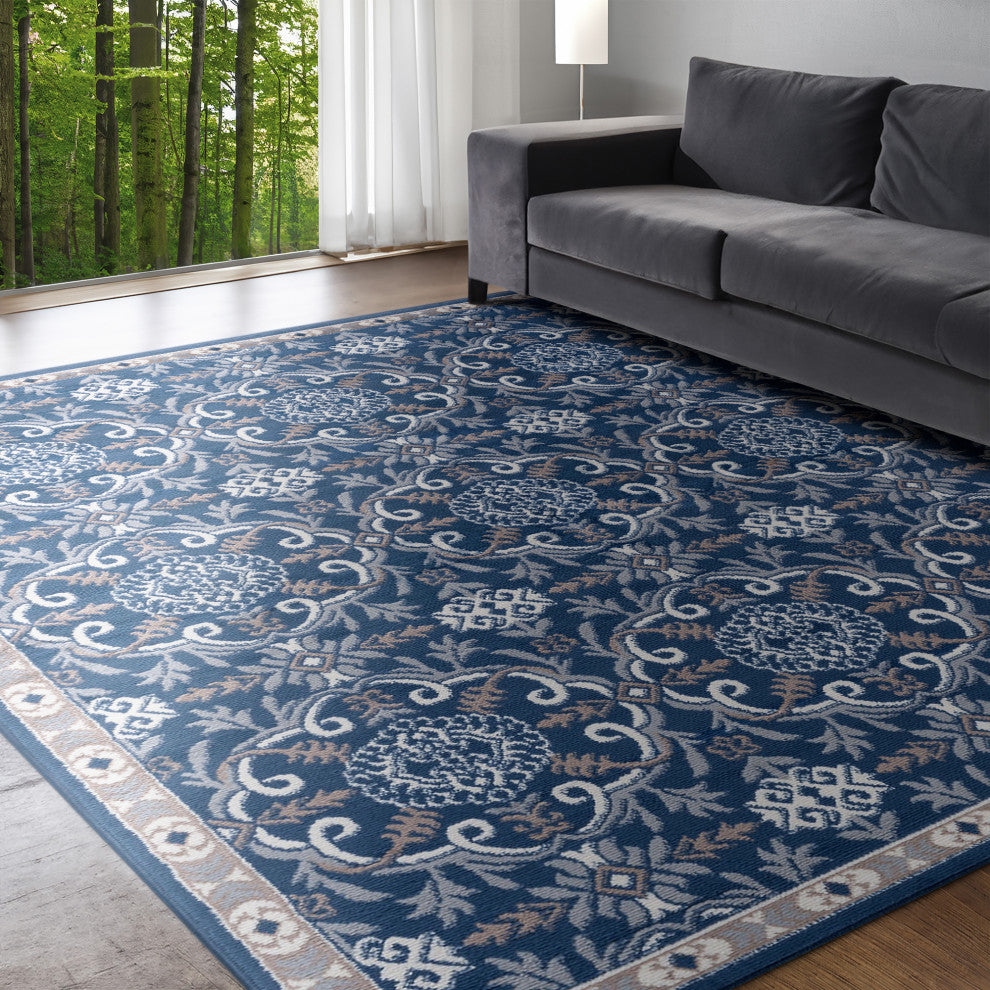 Izel Traditional Brocade Area Rug, Navy, 8'x10'