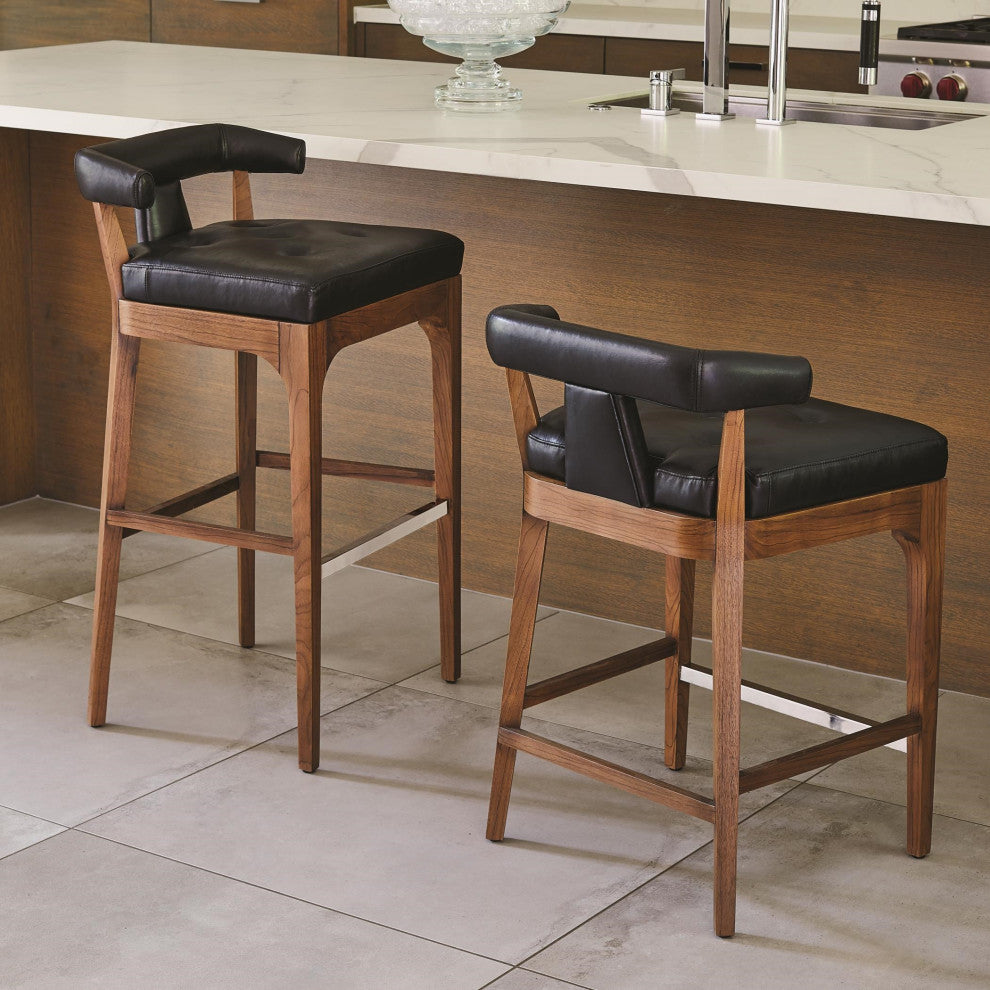 Luxe Sleek Contemporary Black Leather Bar Stool 32" Open T Back Walnut Wood