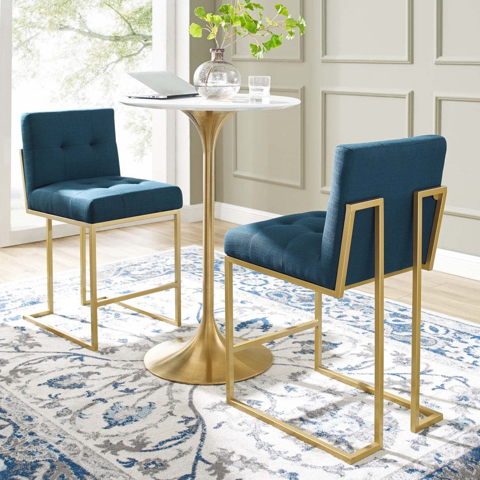 Side Dining Chair, Set of 2, Fabric, Metal, Gold Navy Blue, Modern, Cafe Bistro