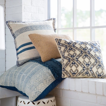 Lola Pillow, Blue and Cream, Down Fill, 20"