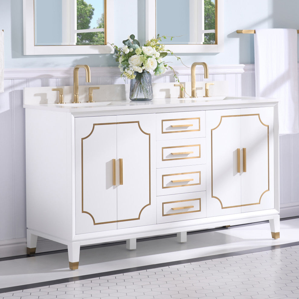 Melody Freestanding Bathroom Vanity with Wall Vanity Mirror and Quartz Top, White, 60"