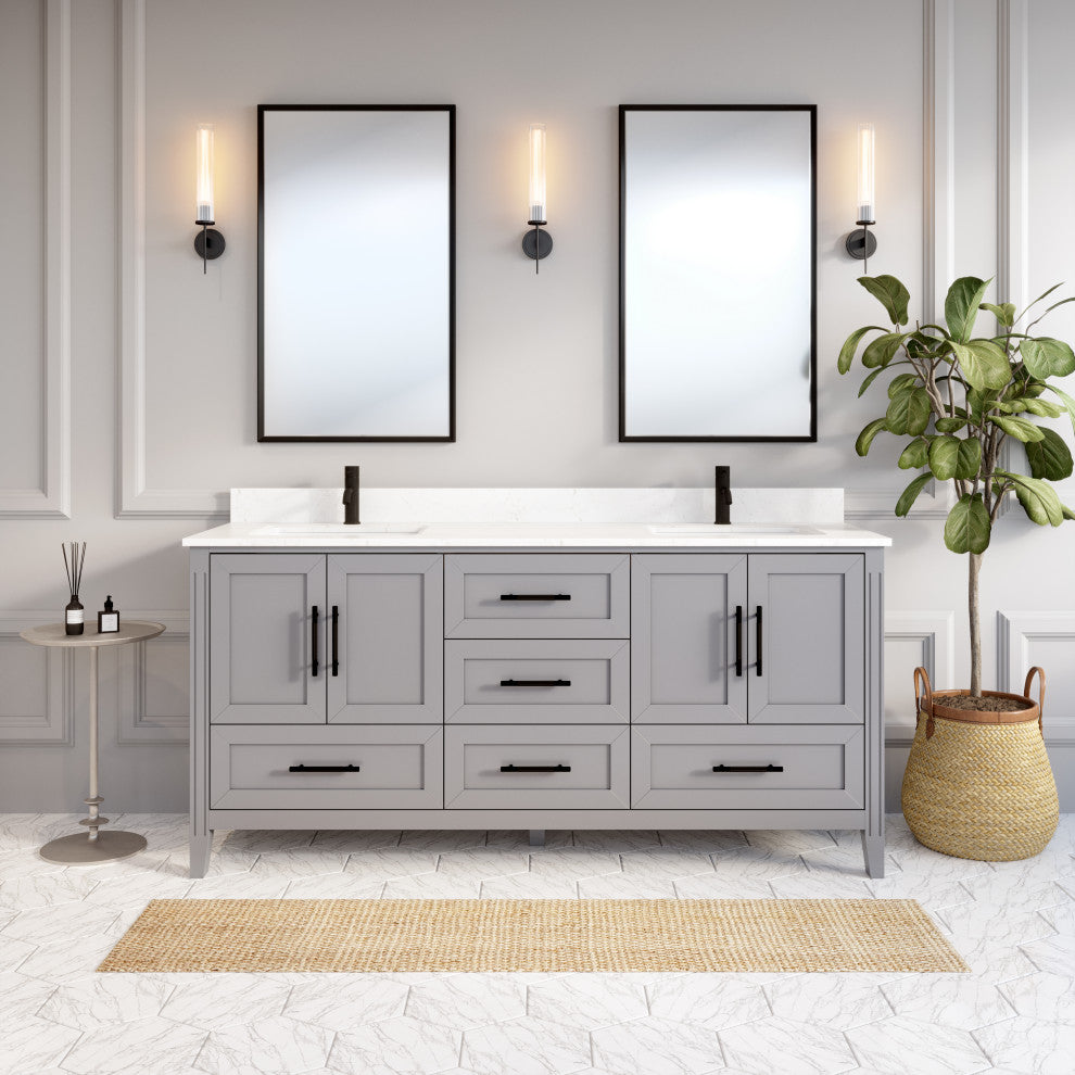 Houston 72" Double Vanity With Power Bar and Drawer Organizer, Oxford Gray