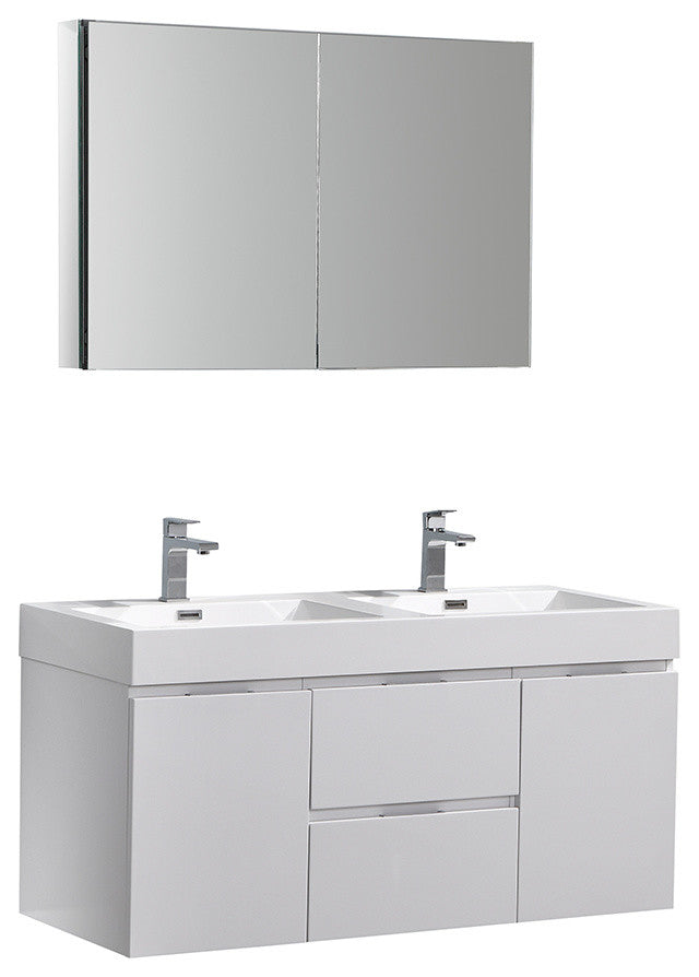 Valencia 48" Glossy White Wall Hung Double Sink Vanity, Faucet FFT9151CH