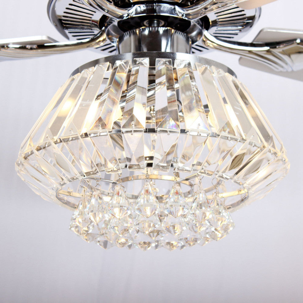 Modern Crystal Ceiling Fan With Lights and Remote Control, 5 Blades, Chrome