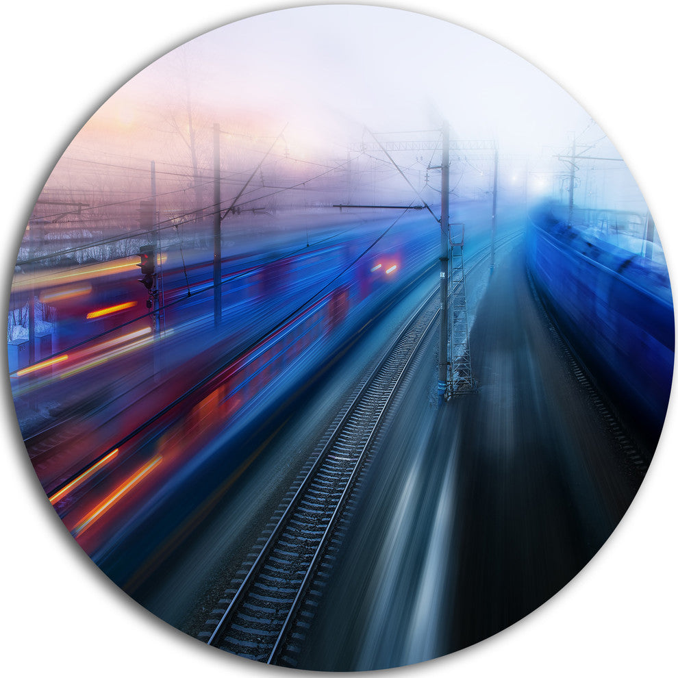 Train Movements At Twilight, Landscape Photo Round Wall Art, 11"