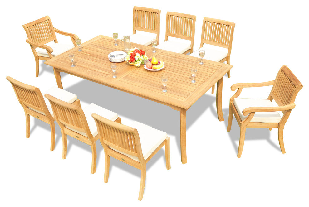 9-Piece Outdoor Teak Dining Set: 83" Rectangle Table, 8 Arbor Stacking Chairs