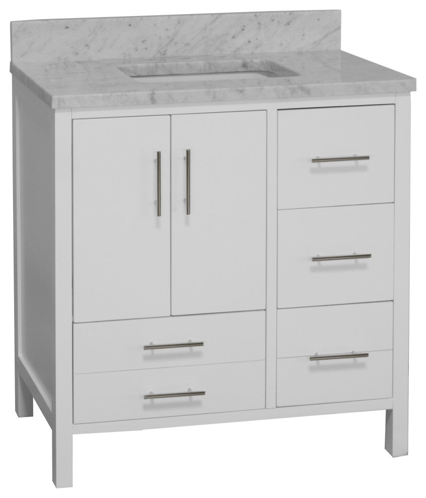 California 36" Bathroom Vanity, White, Carrara Marble