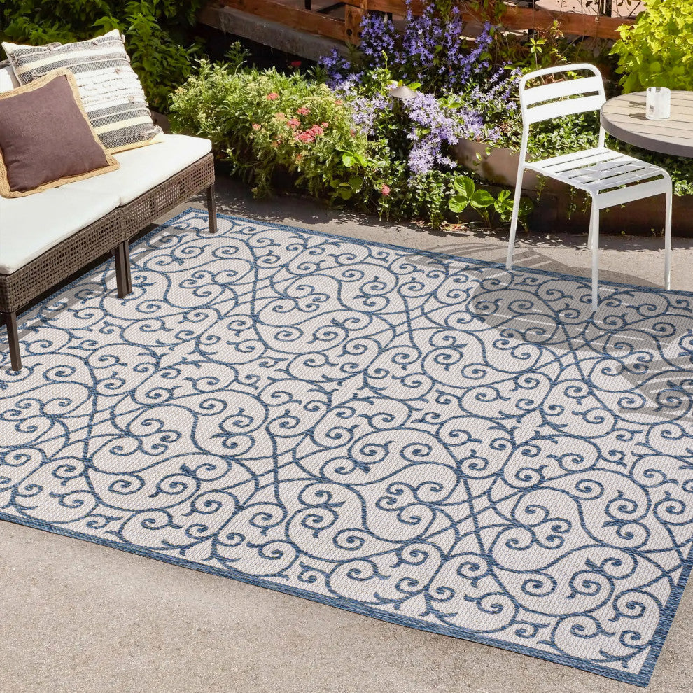 Madrid Vintage Filigree Textured Weave Indoor/Outdoor, Blue/Cream, 3 X 5