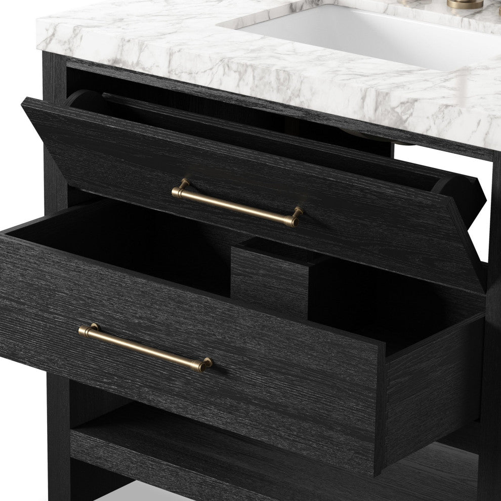 Anthem Single Vanity 36", Carrara Marble, Black Wash Oak Veneer, Brushed Brass