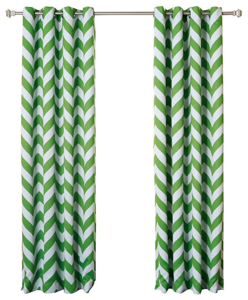 Chevron Printed Grommet Curtains, Pair, Green, 96"