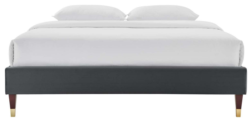 Platform Bed Frame, Full Size, Velvet, Dark Grey Gray, Modern Contemporary