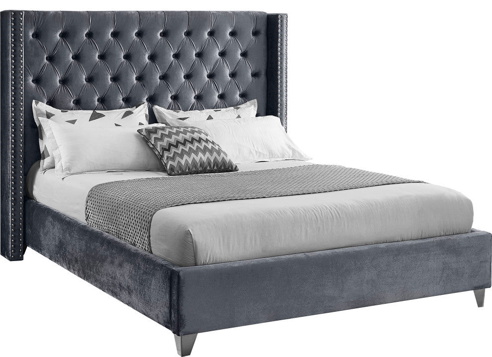 Ames Velvet Bed, Gray, Queen