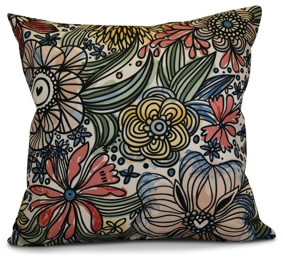Zentangle Floral Floral Print Pillow, Red, 18"x18"