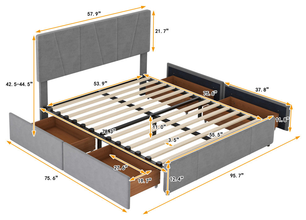 Gewnee Full Size Upholstery Platform Bed with Four Drawers on Two Sides in Grey