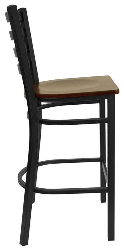 Dyersburg 29" Metal Barstool Black Full Ladder Back, Mahogany Wood Seat