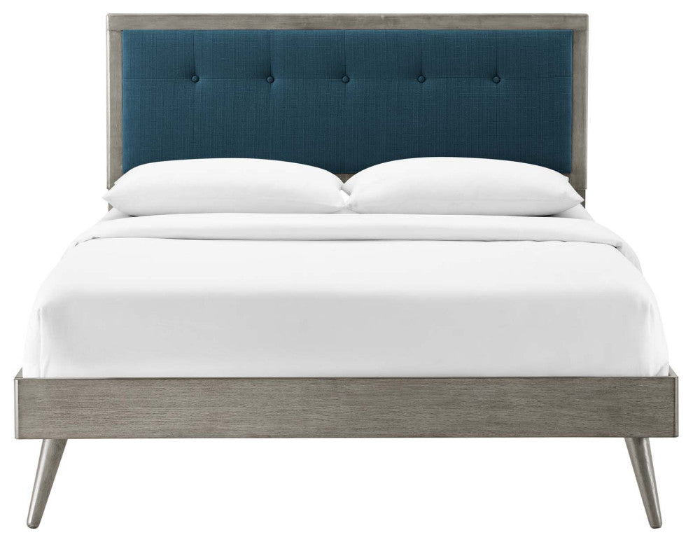 Platform Bed Frame, Queen Size, Fabric, Wood, Gray Navy Blue, Modern