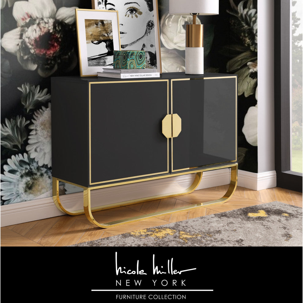 Nicole Miller Jacelynn Sideboard, Black/Gold, 2-Door