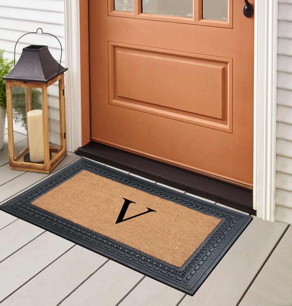 Rubber And Coir, Black/Beige  24"x39" Heavy Duty Outdoor Monogrammed Doormat, V