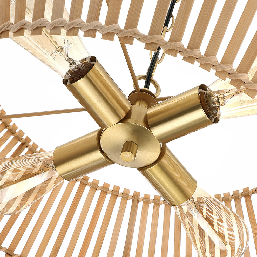 22" W 4 Light Bohemian Bamboo Chandelier With Brass Canopy