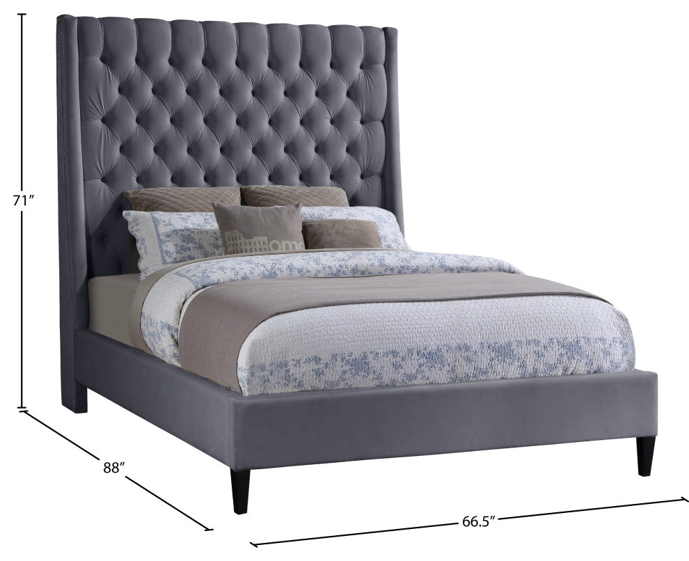 Fritz Velvet Upholstered Bed, Gray, Queen